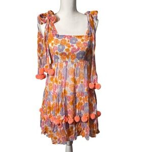 Sundress XS/Small Boho Pom Pom Tie‎ Strap Smocked Mini Dress Orange Pink Floral